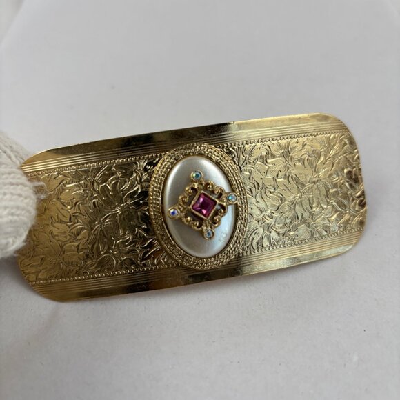 VTG Barrette Gold Tone Rhinestones Rose Floral Details Hair Clip France - Picture 3 of 10